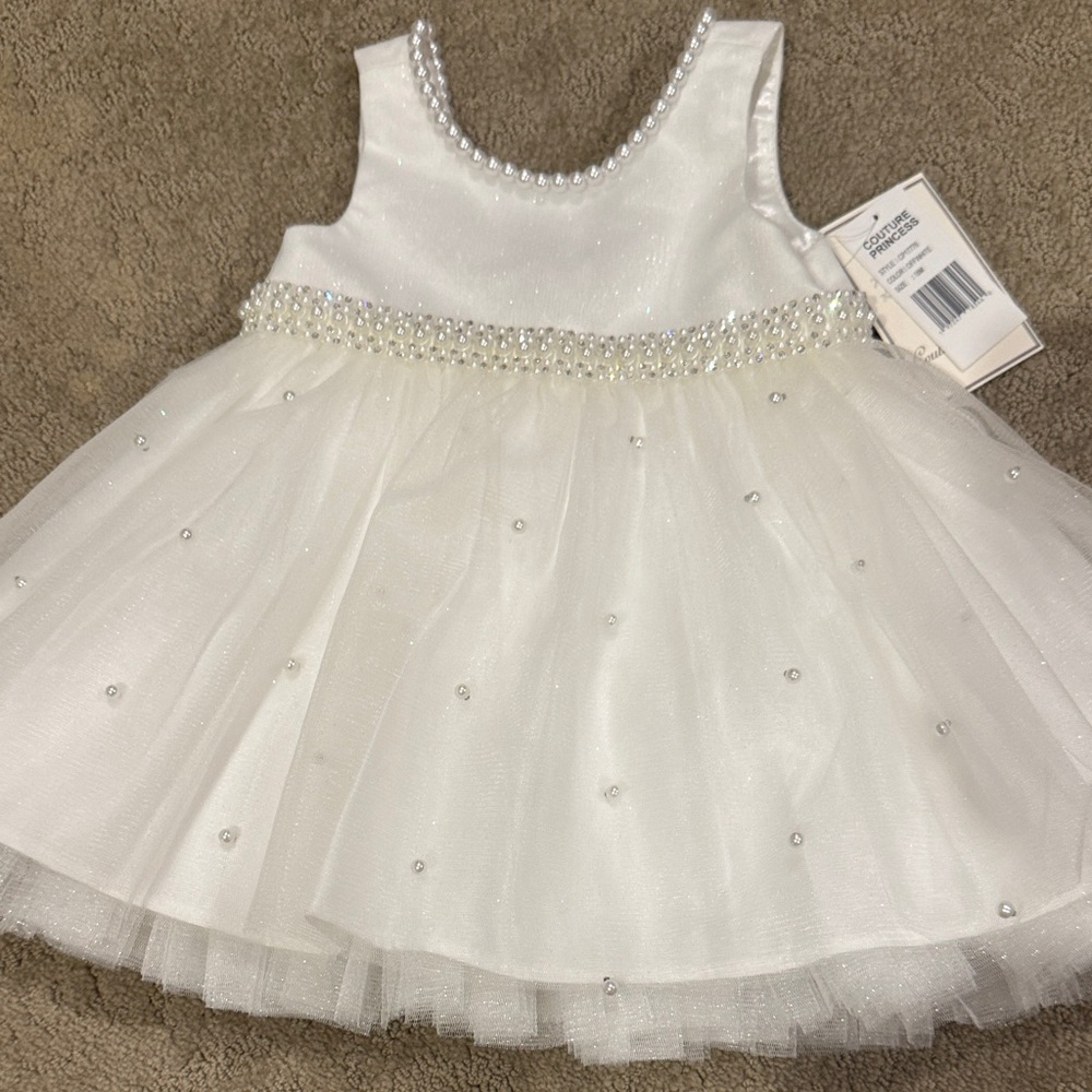 Girls White Pearl-Embellished Formal Tulle Dress